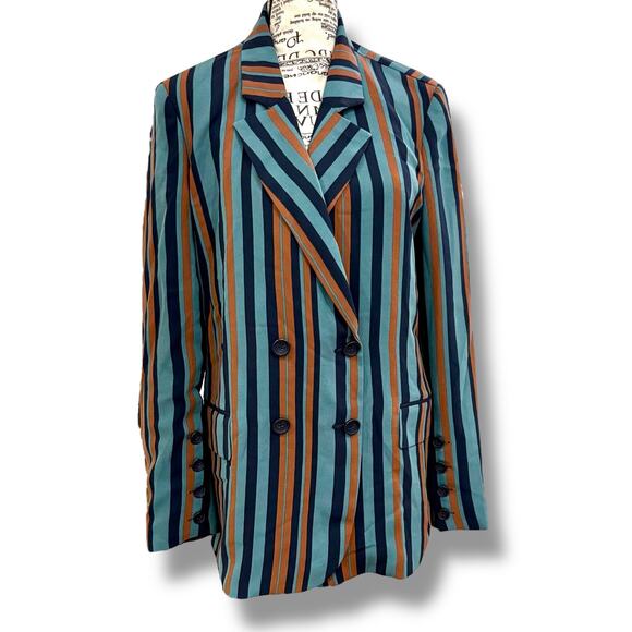 NWT Nordstrom Chelsea28 Size M Blue Brown Stripe Double Breasted Blazer Jacket - Picture 2 of 8